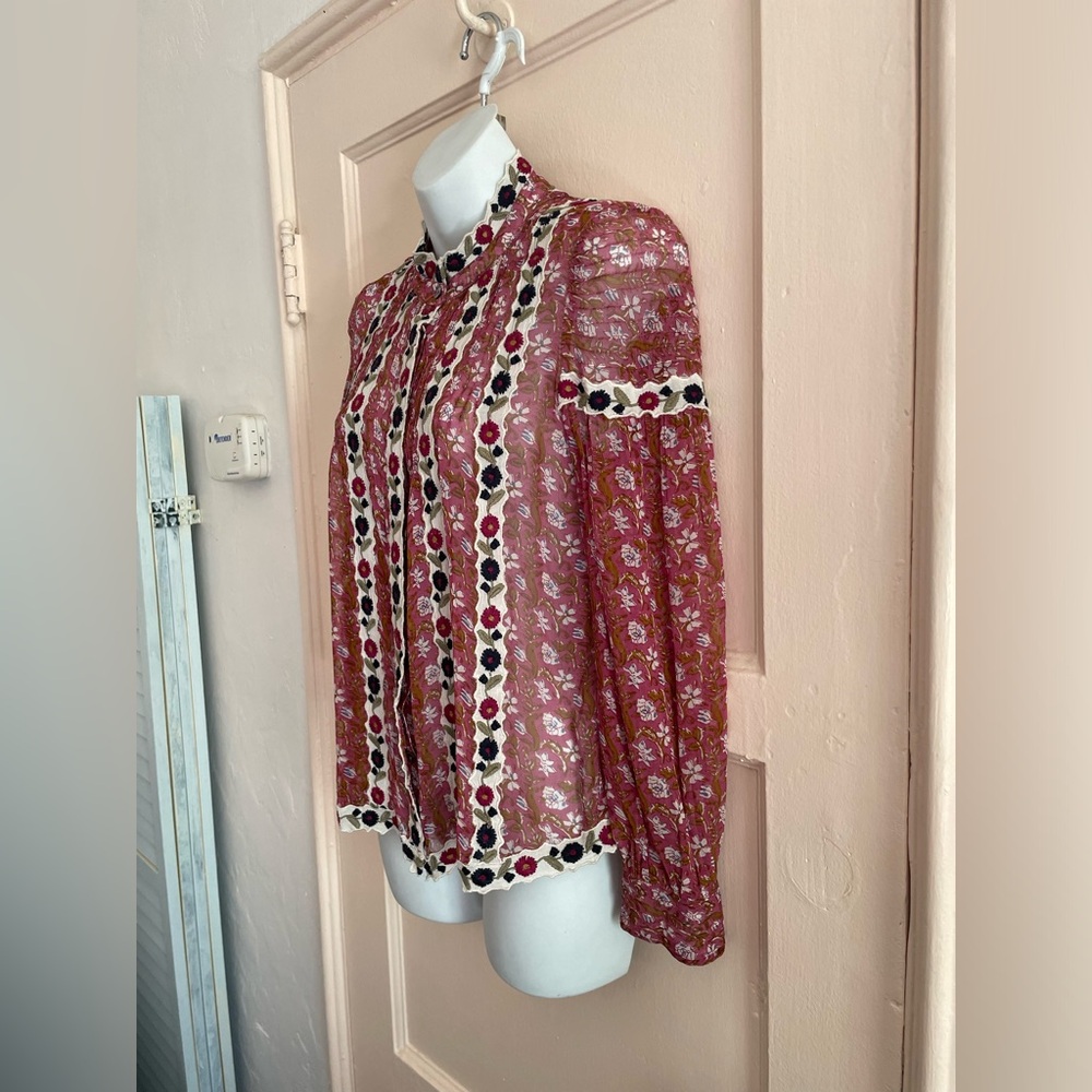 SEA New York pink chiffon shirt with mock neck and embroidered edges Small 2/4 - Picture 4 of 5